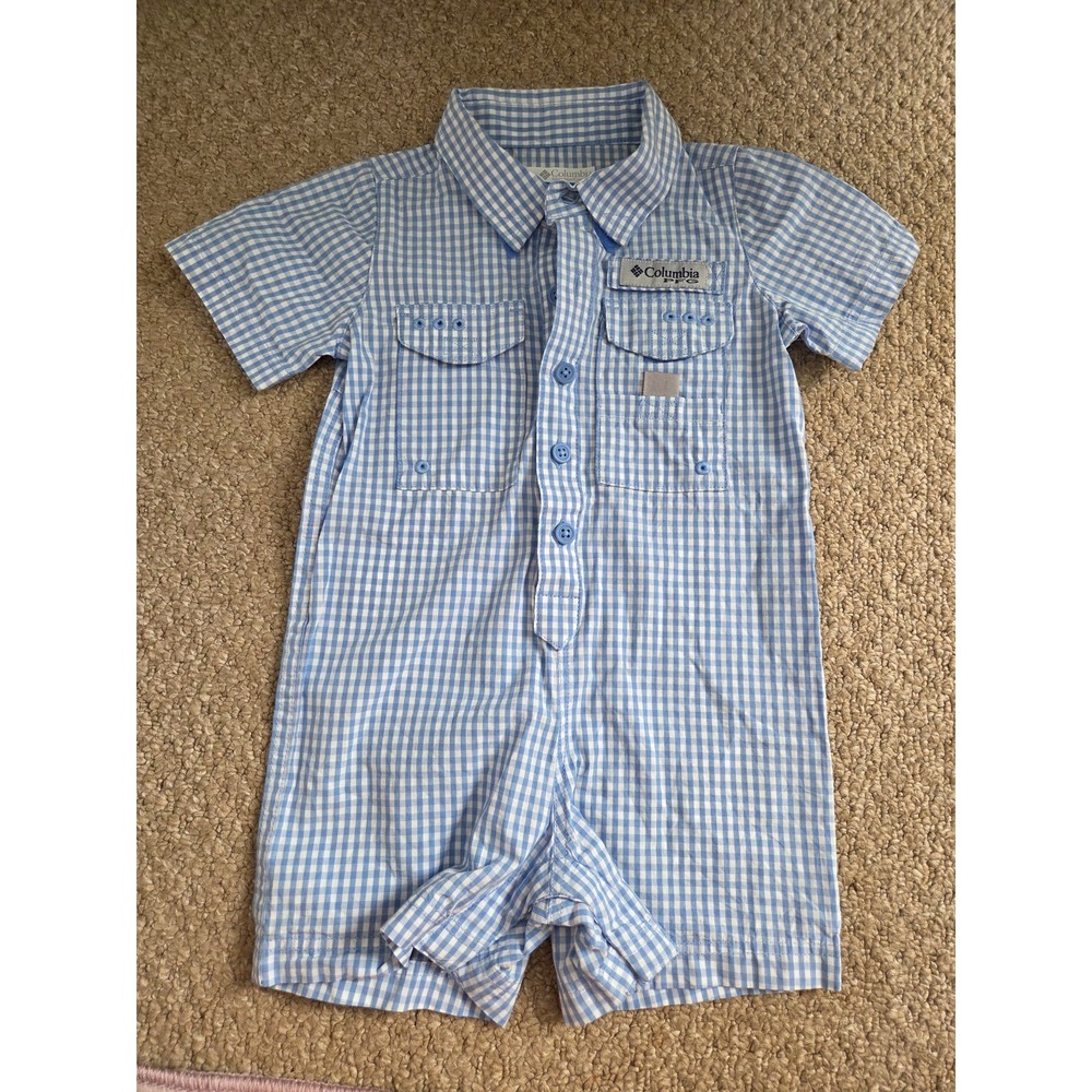 Columbia Blue Gingham Baby Boy Romper Jumpsuit Size 6-12 mos